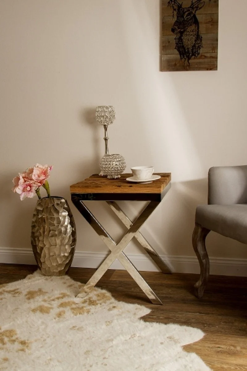 Luxus Beistelltisch Braun / Silber 45 x 45 x H. 60 cm - Beistelltisch mit rustikaler Oberfläche und zusätzlicher Glasplatte