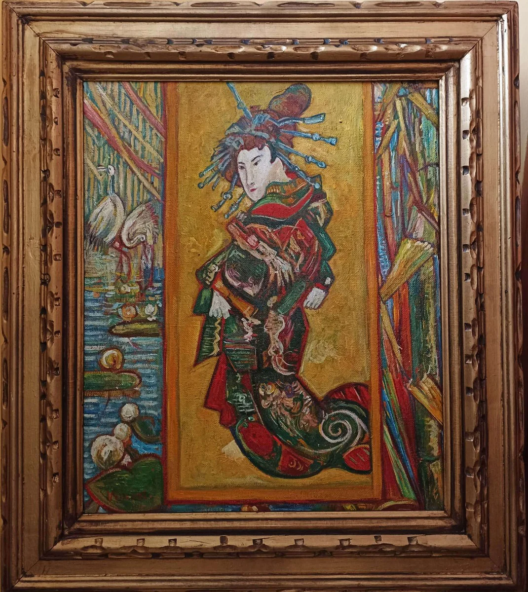 Vintage Öl Gemälde nach Vincent van Gogh Cortesan Japanese Woman 83.5 x 73.5 cm - Authentisches Antik Gemälde nach Original - Handgemalt