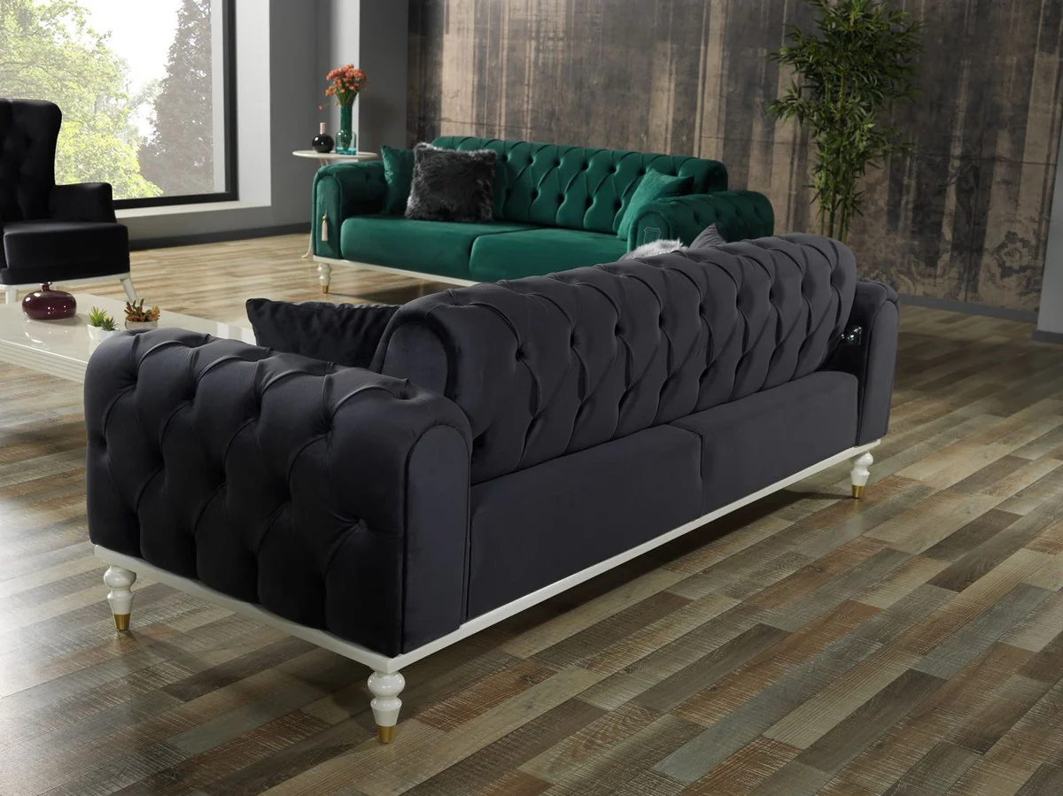 Luxus Chesterfield Schlafsofa Dunkelgrau / Weiß / Gold 230 x 95 x H. 83 cm - Wohnzimmer Sofa mit 3 Kissen - Luxus Wohnzimmer Möbel
