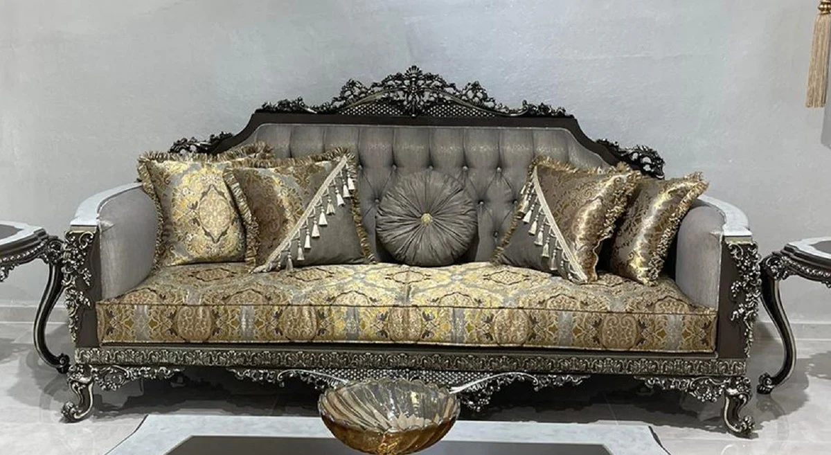 Luxus Barock Sofa Silber / Gold / Weiß / Schwarz / Silber - Prunkvolles Wohnzimmer Sofa - Barockstil Wohnzimmer Möbel - Luxus Möbel im Barockstil - Edel & Prunkvoll
