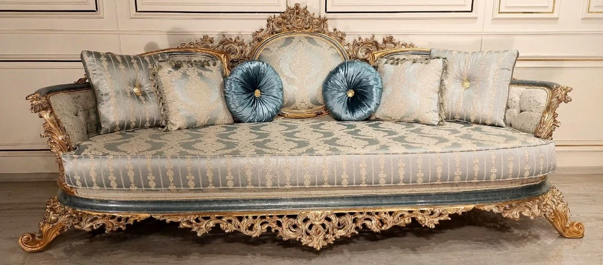 Luxus Barock Wohnzimmer Sofa Türkis / Creme / Gold - Handgefertigtes Barockstil Sofa - Luxus Wohnzimmer Möbel im Barockstil - Barock Möbel - Edel & Prunkvoll