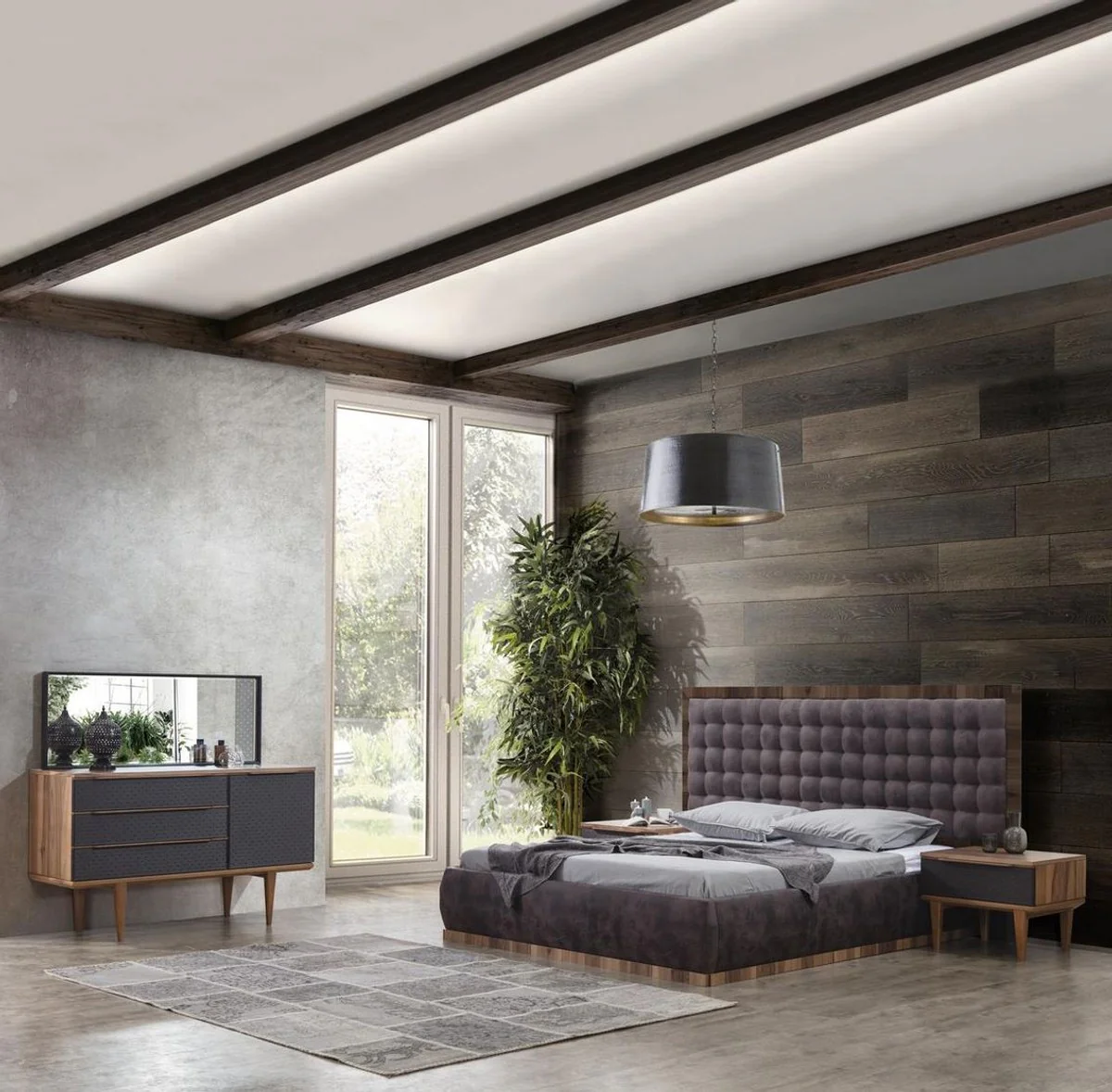 Luxus Massivholz Schlafzimmer Set Grau / Braun - 1 Doppelbett mit Kopfteil & 2 Nachttische - Luxus Schlafzimmer Möbel