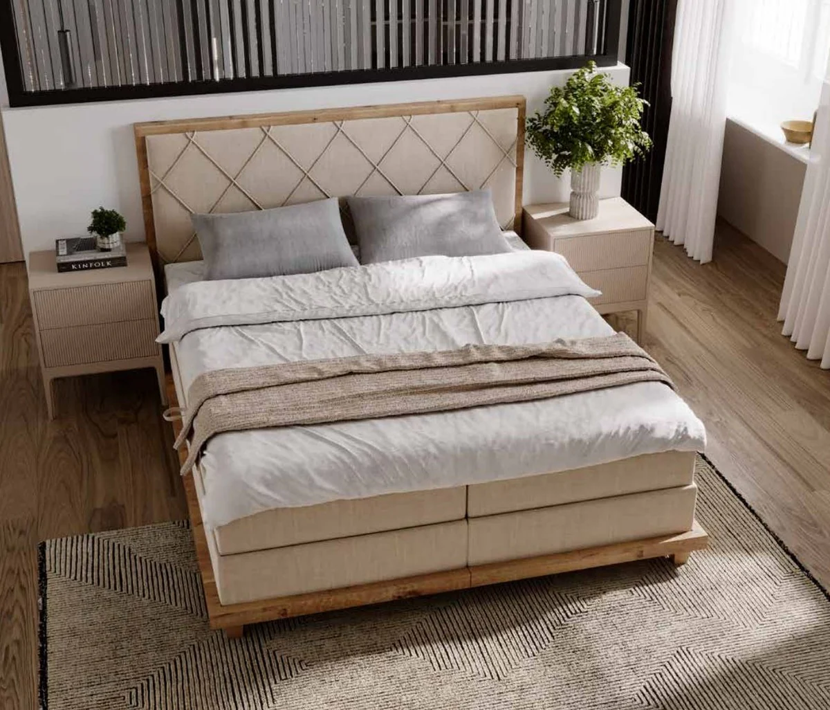 Luxus Doppelbett Naturfarben 170 x 210 x H. 115 cm - Massivholz Bett mit Matratze - Schlafzimmer Möbel - Hotel Möbel - Luxus Möbel - Luxus Einrichtung