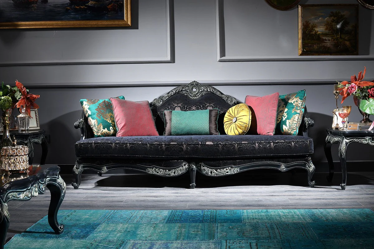 Luxus Barock Sofa Schwarz / Grün / Gold 240 x 88 x H. 105 cm - Wohnzimmermöbel im Barockstil