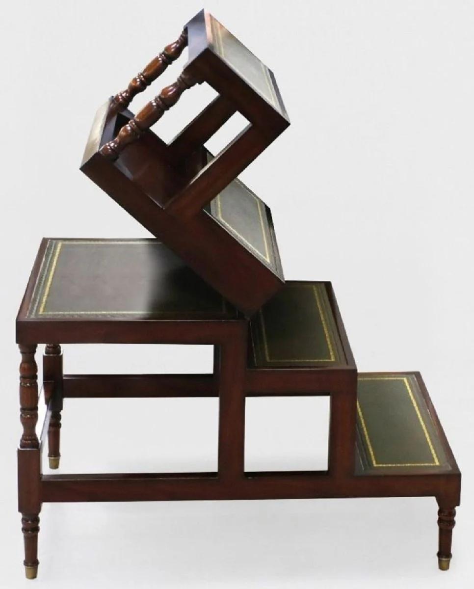 Luxus Jugendstil Couchtisch Dunkelbraun / Grün / Gold - Ausklappbare Massivholz Bibliothekstreppe mit Echtleder - Jugendstil Wohnzimmer Möbel - Edel & Prunkvoll