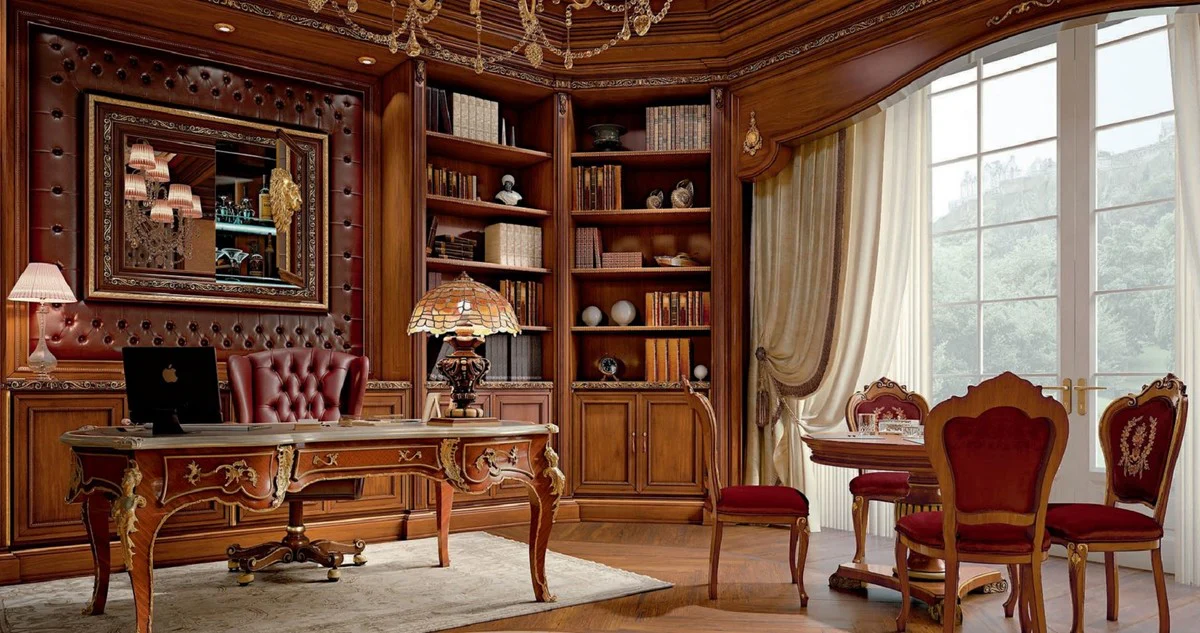 Luxus Barock Chesterfield Bürostuhl Bordeauxrot / Braun / Gold - Höhenverstellbarer Schreibtischstuhl mit Echtleder - Büromöbel im Barockstil - Luxus Qualität - Made in Italy