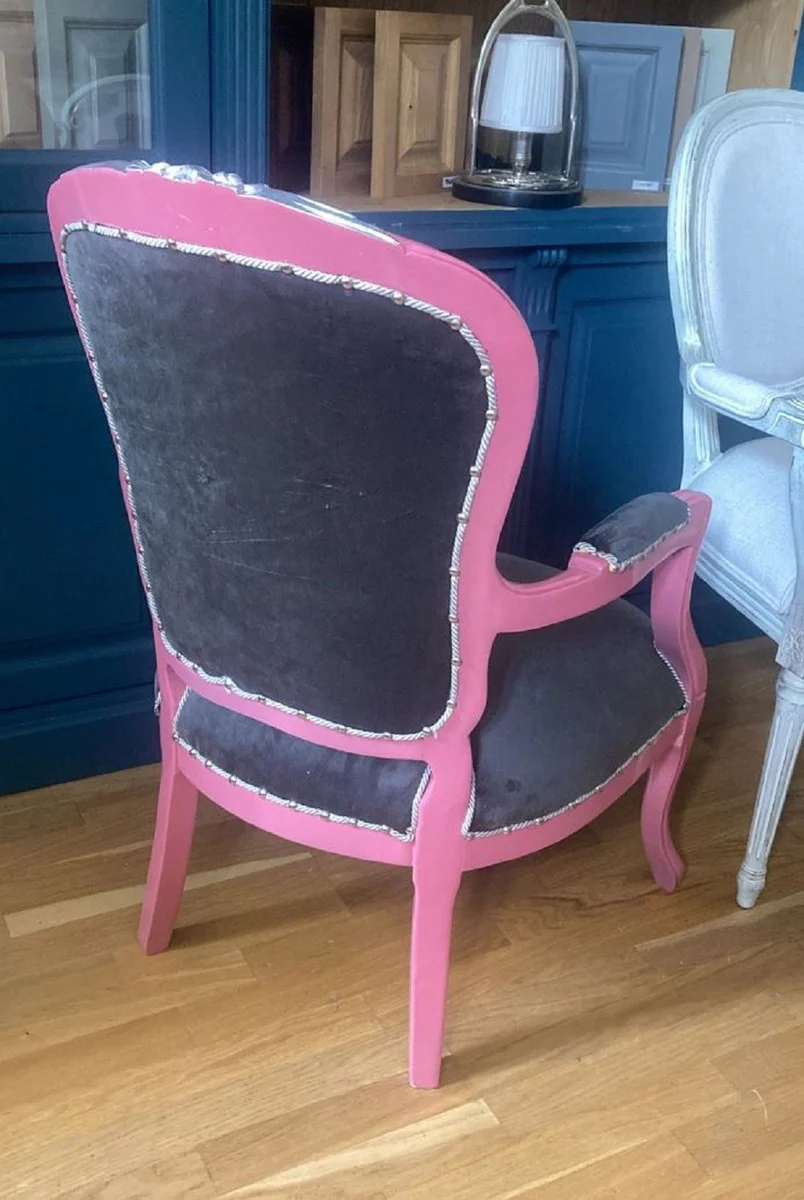 Luxus Barock Salon Stuhl Face Grau / Rosa / Silber