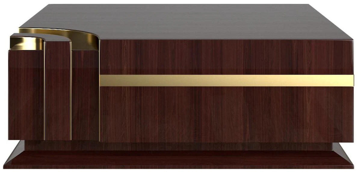 Designer Couchtisch Dunkelbraun Hochglanz / Gold 120 x 120 x H. 52 cm - Quadratischer Wohnzimmertisch - Luxus Qualität