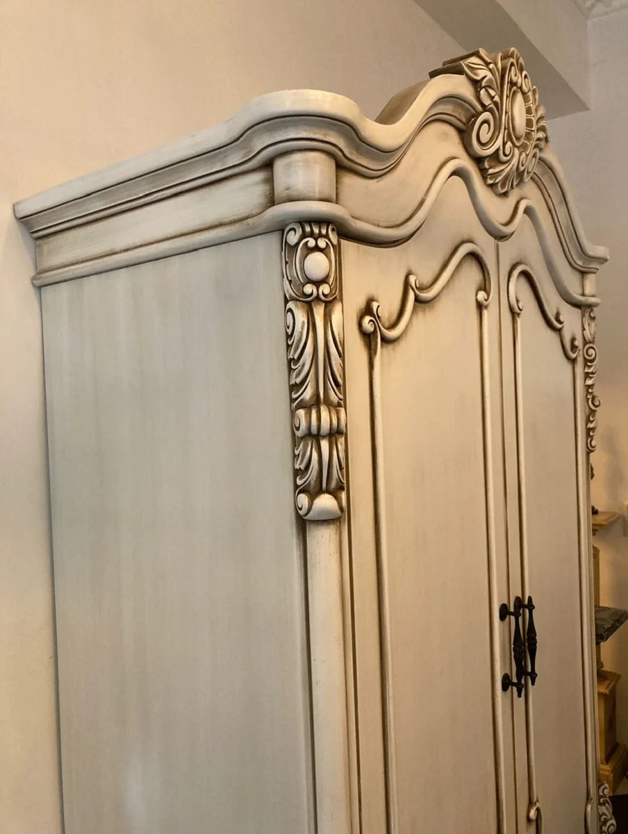 Luxus Barock Schlafzimmerschrank Antik Weiß / Braun - Prunkvoller Massivholz Schrank mit 2 Türen & Schublade - Barock Kleiderschrank - Schlafzimmer Möbel im Barockstil - Barock Möbel