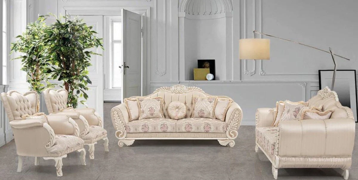 Luxus Barock Wohnzimmer Set Beige / Creme / Rosa - 2 Sofas & 2 Sessel - Wohnzimmer Möbel im Barockstil - Edel & Prunkvoll