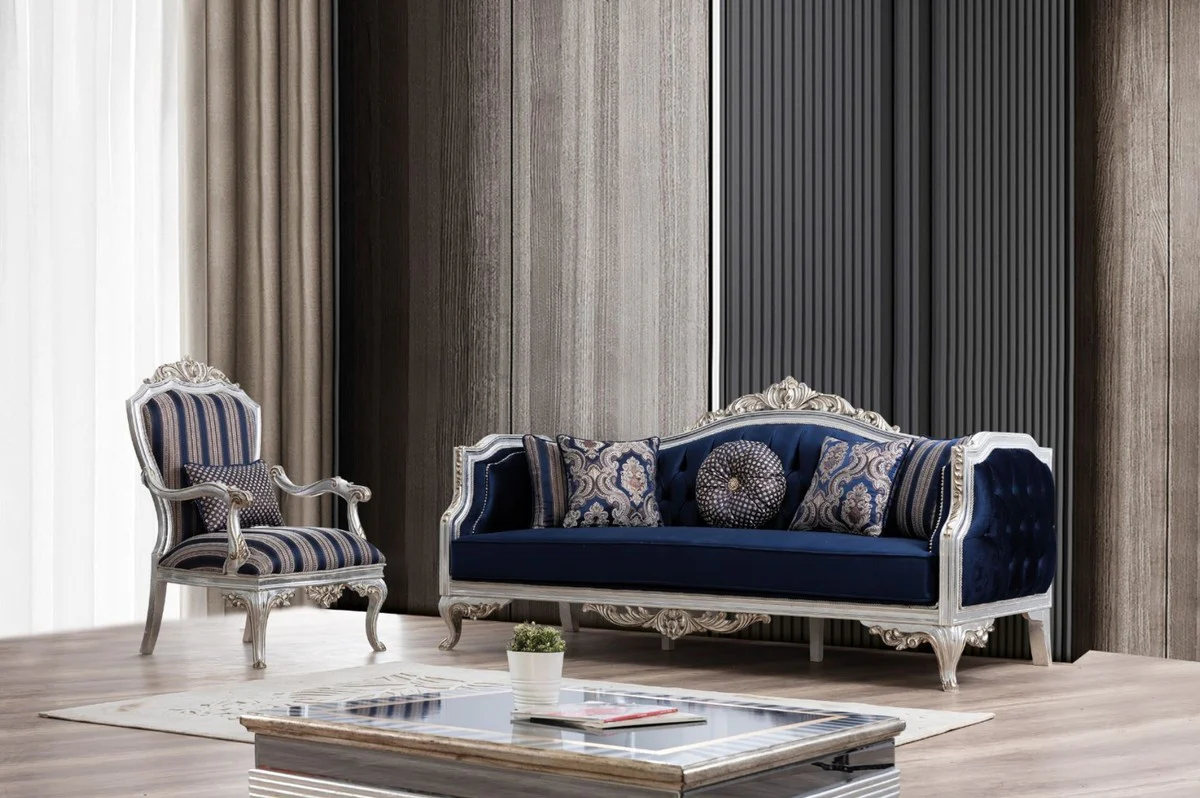 Luxus Barock Sofa Blau / Silber / Gold 228 x 90 x H. 110 cm - Wohnzimmer Sofa im Barockstil - Barock Möbel - Edel & Prunkvoll