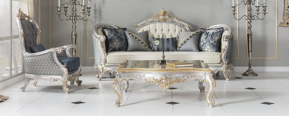 Luxus Barock Couchtisch Gold / Silber 125 x 125 x H. 50 cm - Massivholz Wohnzimmertisch im Barockstil - Edel & Prunkvoll