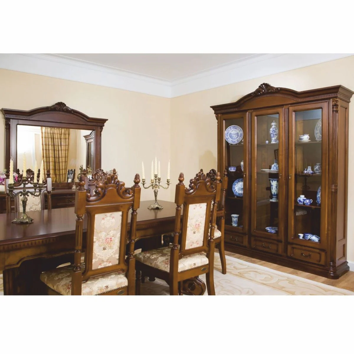 Luxus Barock Esszimmer Set Braun / Creme - 1 Ausziehbarer Esstisch & 6 Stühle