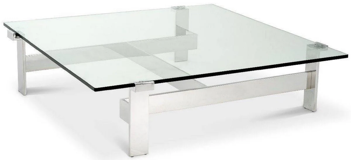 Luxus Couchtisch Silber 120 x 120 x H. 30 cm - Quadratischer Edelstahl Wohnzimmertisch mit Glasplatte - Wohnzimmer Möbel - Luxus Qualität