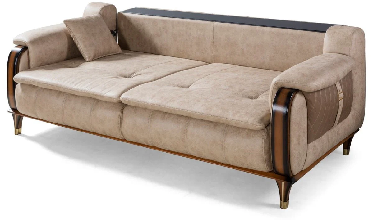 Luxus Chesterfield Schlafsofa Beige / Braun / Schwarz / Gold 222 x 98 x H. 80 cm - Modernes Wohnzimmer Sofa - Luxus Wohnzimmer Möbel