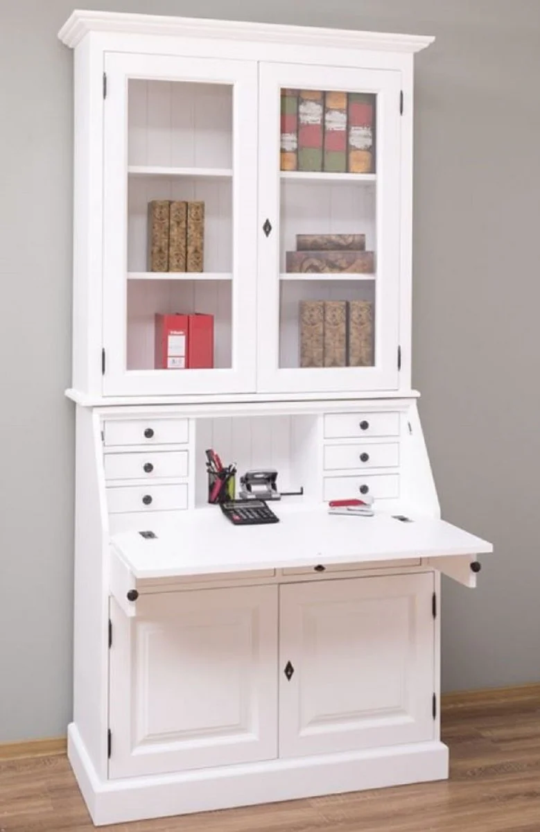 Landhausstil Büroschrank Weiß 110 x 49 x H. 219 cm - Massivholz Schrank - Bücherschrank - Regalschrank - Wohnzimmerschrank - Landhausstil Möbel