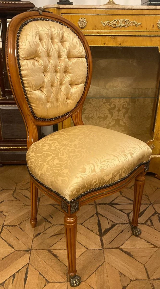 Luxus Barock Esszimmer Stuhl Gold Muster / Braun / Antik Messing - Handgefertigter Massivholz Stuhl mit Löwenfüßen - Barockstil Küchenstuhl - Barock Esszimmer Möbel - Edel & Prunkvoll