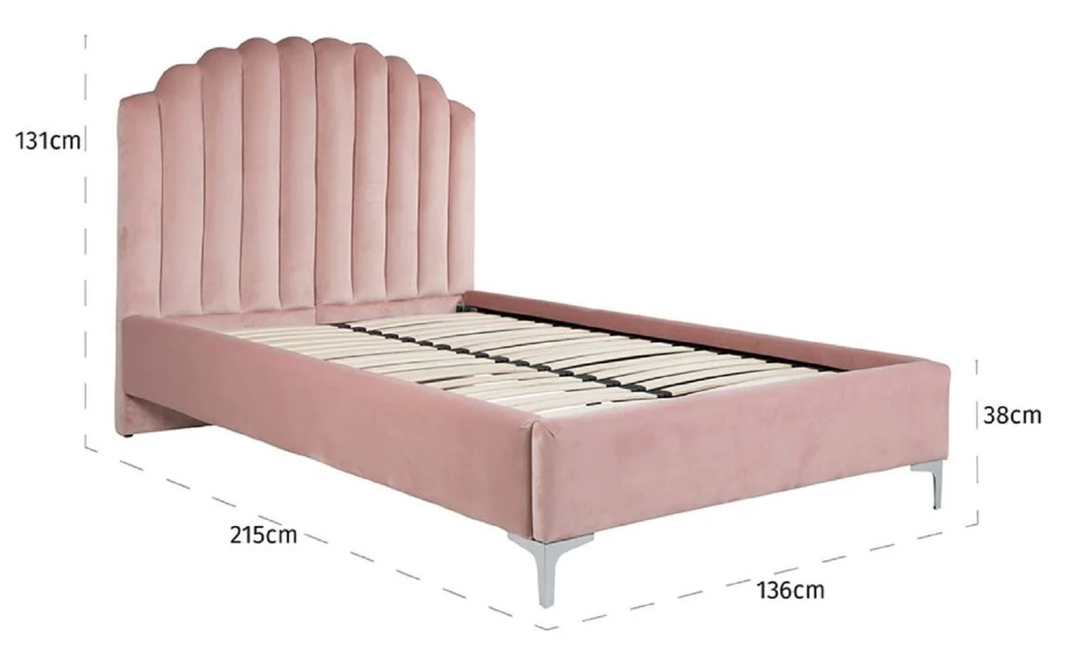 Luxus Art Deco Doppelbett Rosa / Silber 136 x 215 x H. 131 cm - Massivholz Bett mit edlem Samtstoff - Luxus Schlafzimmer Möbel - Hotel Möbel - Art Deco Möbel