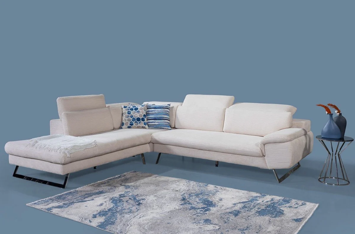 Luxus Ecksofa mit verstellbaren Rückenlehnen Creme / Silber 305 x 260 cm