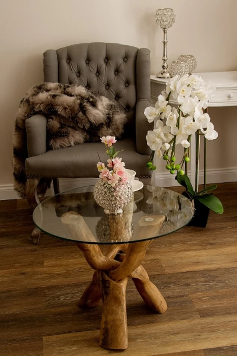 Luxus Glastisch Braun Ø 90 x H. 73 cm - Dreibeiniger Runder Tisch