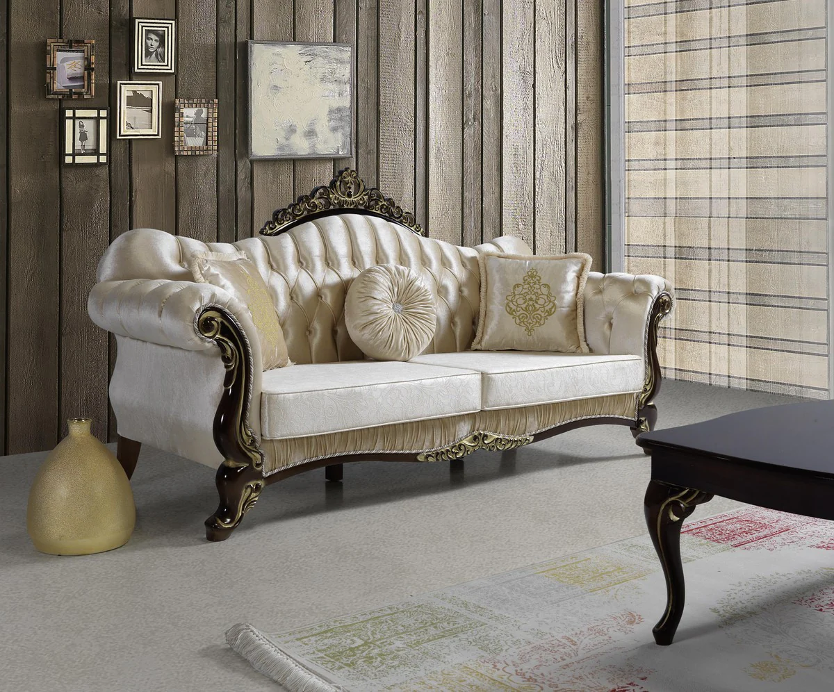 Barock Wohnzimmer Set Champagnerfarben / Schwarz / Gold - 2 Sofas & 2 Sessel & 1 Couchtisch - Wohnzimmer Möbel - Edel & Prunkvoll