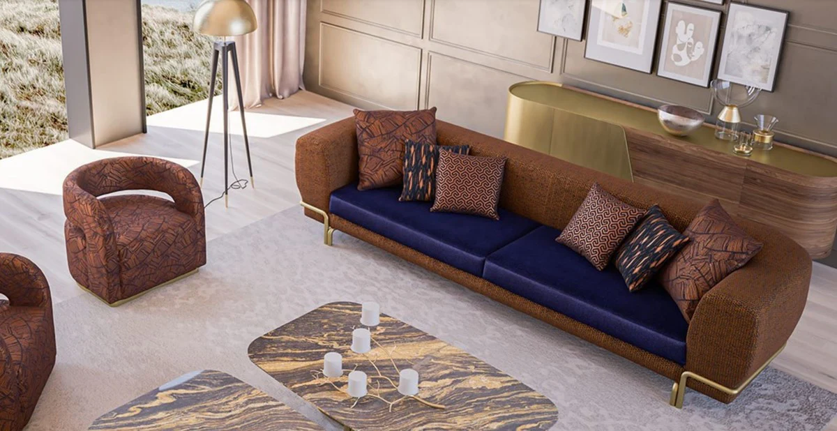 Luxus Sofa Braun / Lila / Messing 300 x 100 x H. 75 cm - Wohnzimmer Sofa - Hotel Sofa - Wohnzimmer Möbel - Hotel Möbel - Luxus Möbel - Luxus Einrichtung