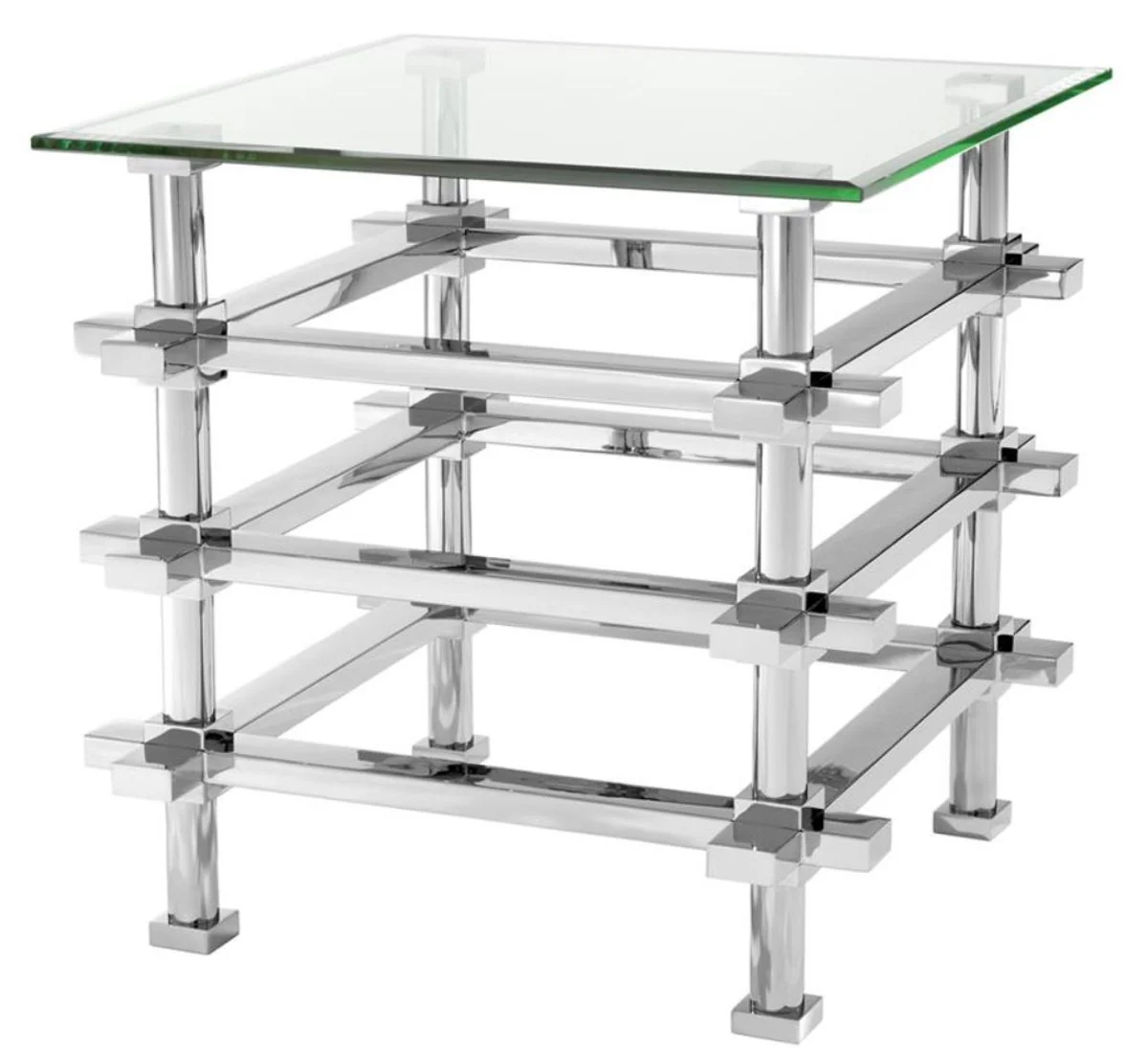 Luxus Beistelltisch Silber 61 x 61 x H. 61 cm - Edelstahl Tisch mit Glasplatte