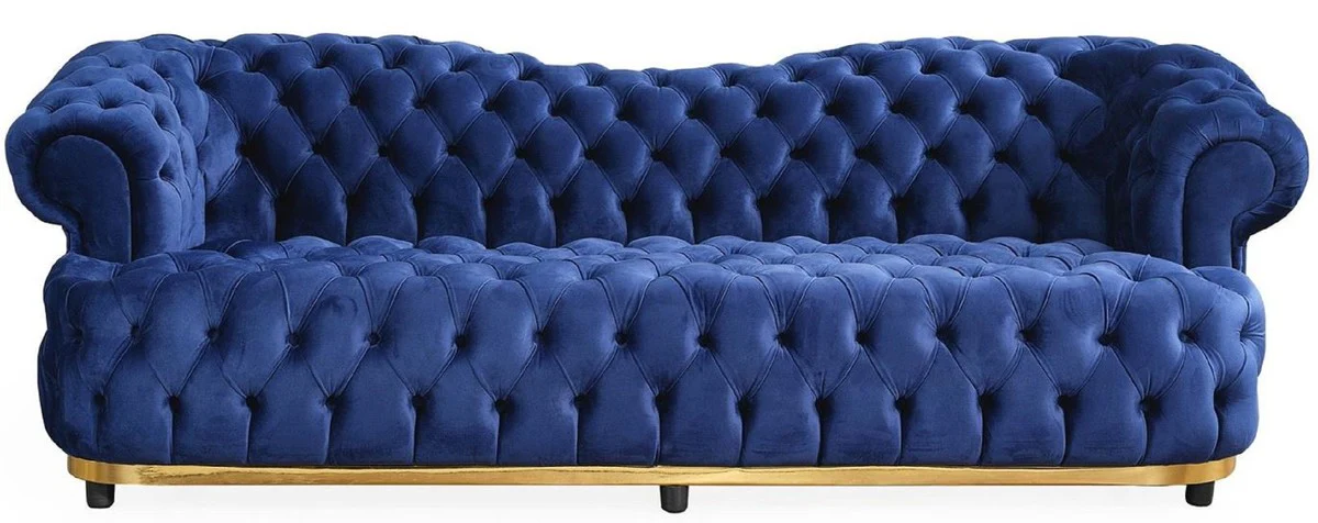 Luxus Chesterfield Samt Sofa Blau / Gold / Schwarz 240 cm