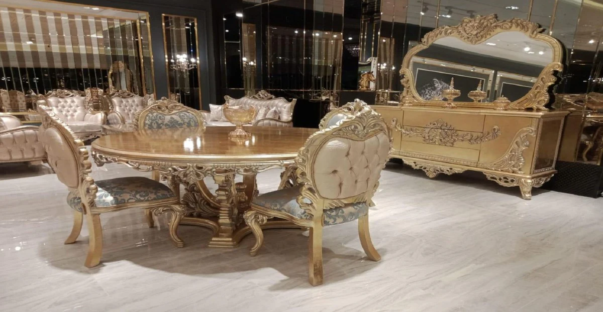 Luxus Barock Esszimmer Set Türkis / Rosa / Gold - 1 Barock Esstisch & 4 Barock Esszimmerstühle - Esszimmer Möbel im Barockstil - Edel & Prunkvoll