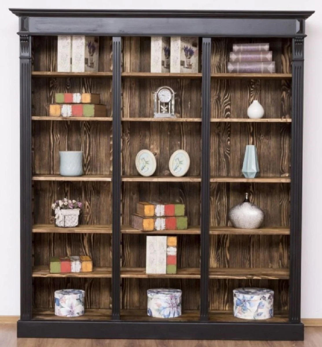 Landhausstil Regalschrank Schwarz / Dunkelbraun 180 x 39 x H. 197 cm - Massivholz Schrank - Bücherschrank - Wohnzimmerschrank - Büroschrank - Landhausstil Möbel