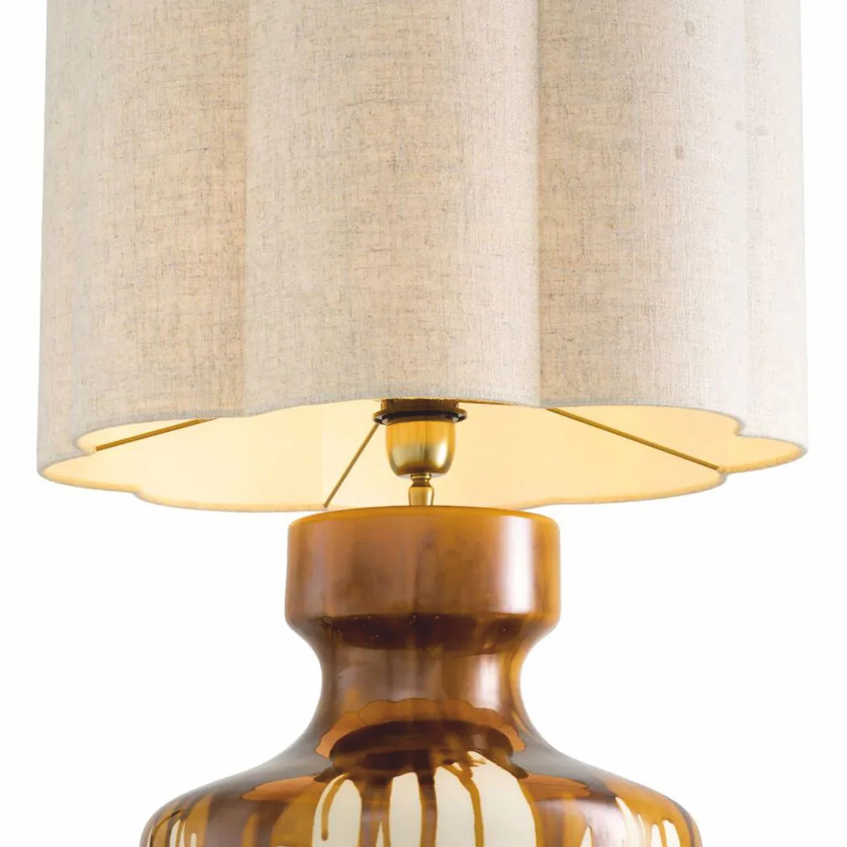 Luxus Keramik Tischleuchte Braun / Weiß / Vintage Messing / Beige H. 86 cm