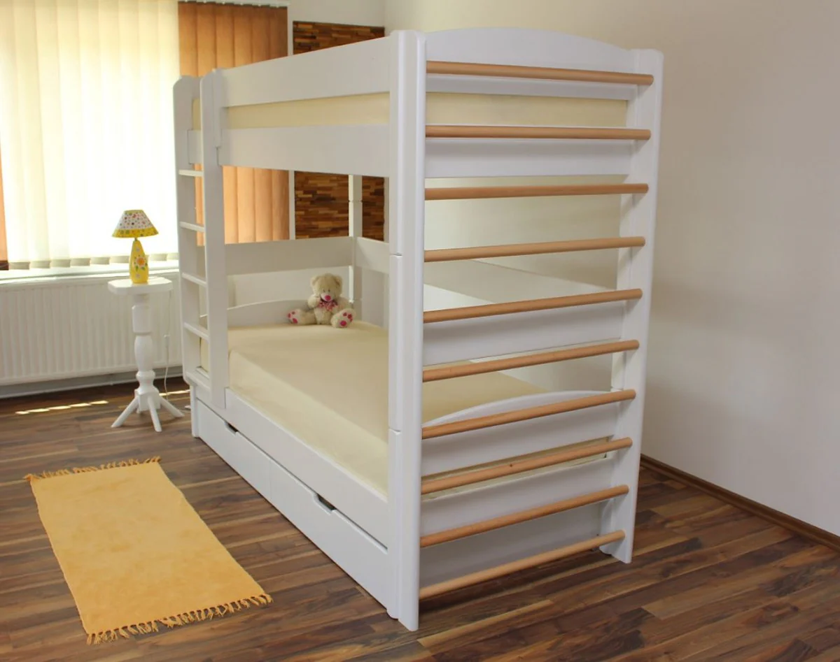 Luxus Massivholz Kinder Etagenbett Weiß / Naturfarben 211 x 98 x H. 185 cm - Multifunktions Kinderbett mit Leiter und Sprossenwand - Kinderzimmer Möbel