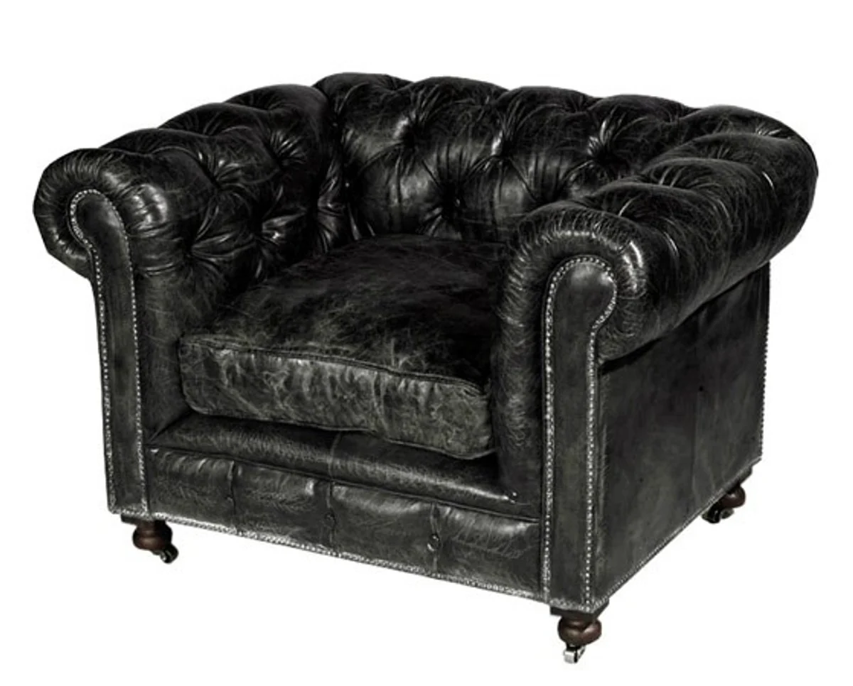 Chesterfield Luxus Echt Leder Sessel Vintage Leder Kensington Schwarz - Club Sessel