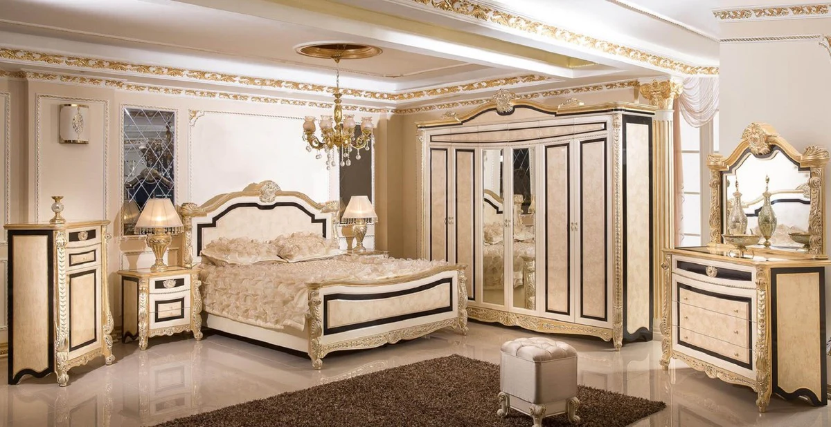 Luxus Barock Kommode Weiß / Beige / Schwarz / Gold - Handgefertigte Barock Kommode mit 4 Schubladen - Luxus Schlafzimmer Möbel im Barockstil - Barock Schlafzimmer Möbel