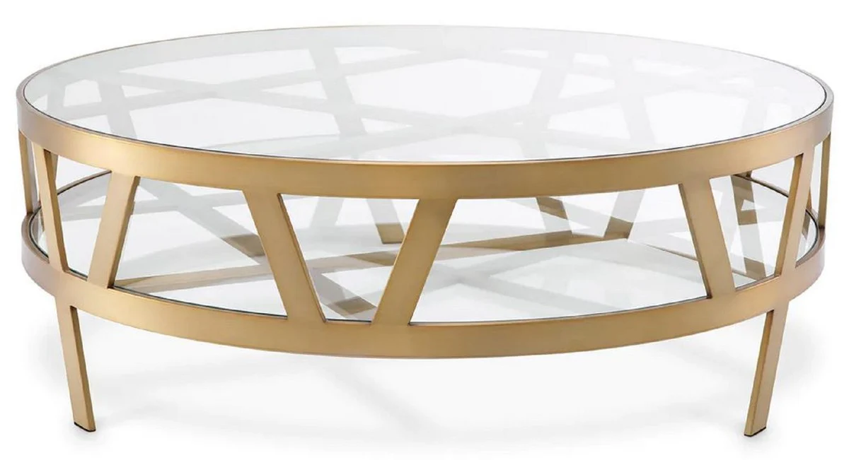 Luxus Couchtisch Messing Ø 110 x H. 37 cm - Runder Edelstahl Wohnzimmertisch mit Glasplatten - Wohnzimmer Möbel - Hotel Möbel - Luxus Möbel - Luxus Qualität