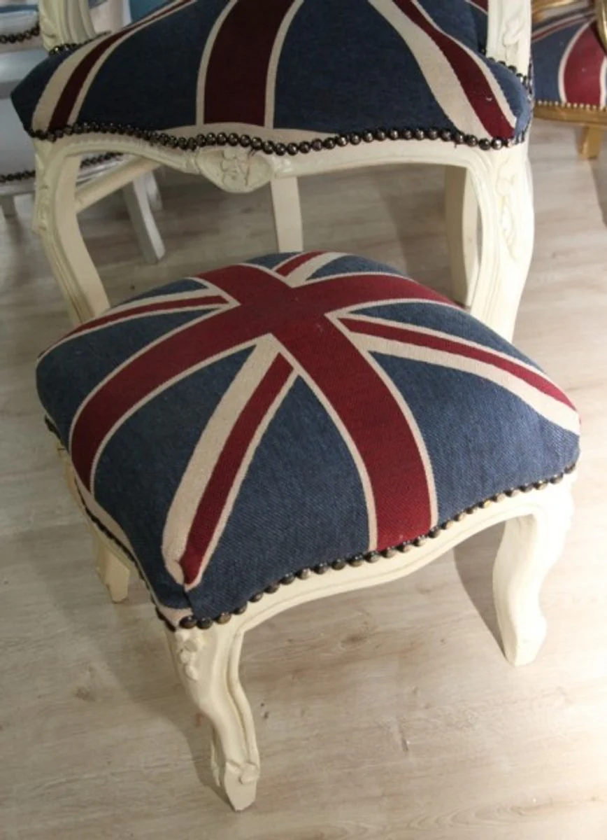 Barock Esszimmerstuhl mit Armlehnen Union Jack / Creme + dazugehöriger Fußhocker