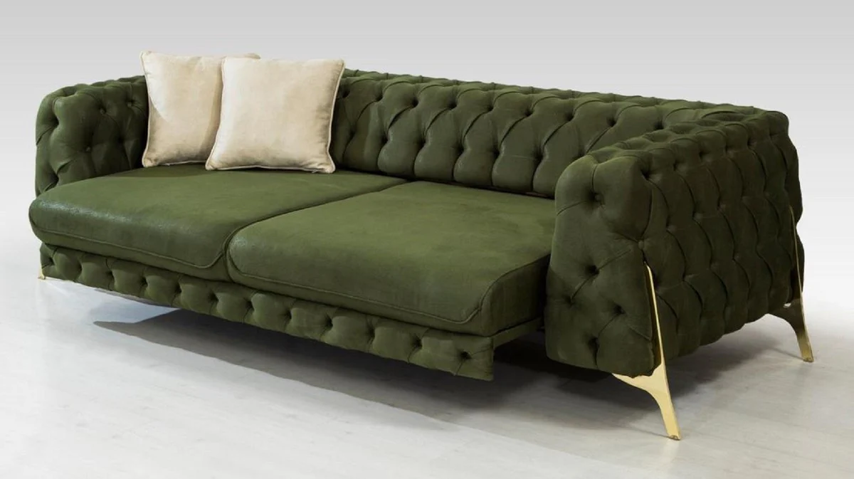 Luxus Chesterfield Schlafsofa Dunkelgrün / Gold 250 x 95 x H. 72 cm - Modernes Wohnzimmer Sofa - Chesterfield Wohnzimmer Möbel