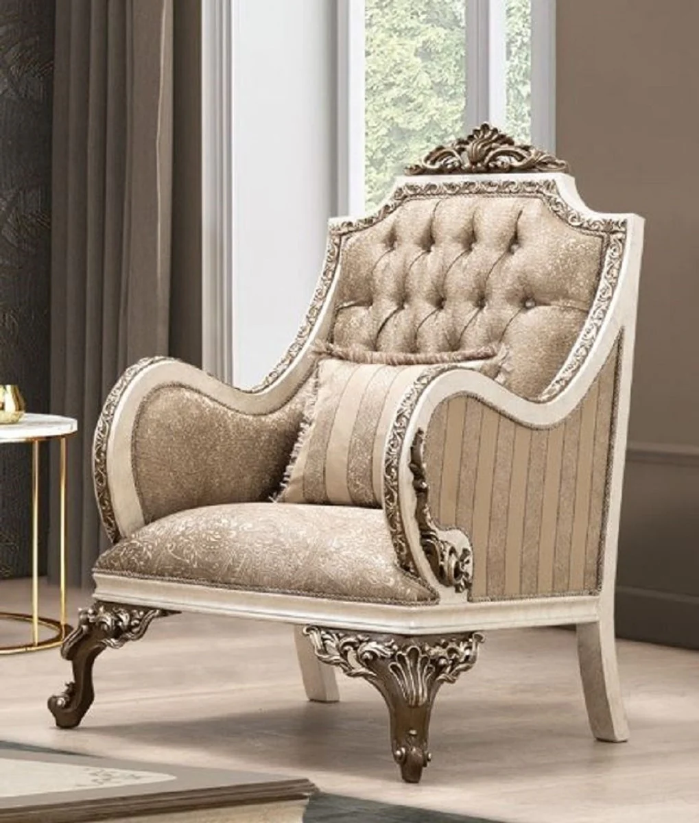 Luxus Barock Wohnzimmer Set Beige / Cremefarben / Braun / Gold - 2 Sofas & 2 Sessel & 1 Couchtisch - Handgefertigte Wohnzimmer Möbel im Barockstil - Edel & Prunkvoll