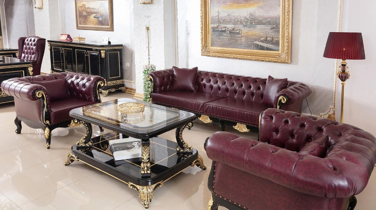 Luxus Barock Chesterfield Leder Sofa Bordeauxrot / Schwarz / Gold - Prunkvolles Wohnzimmer Echtleder Sofa - Barock Chesterfield Leder Möbel - Luxus Möbel im Barockstil