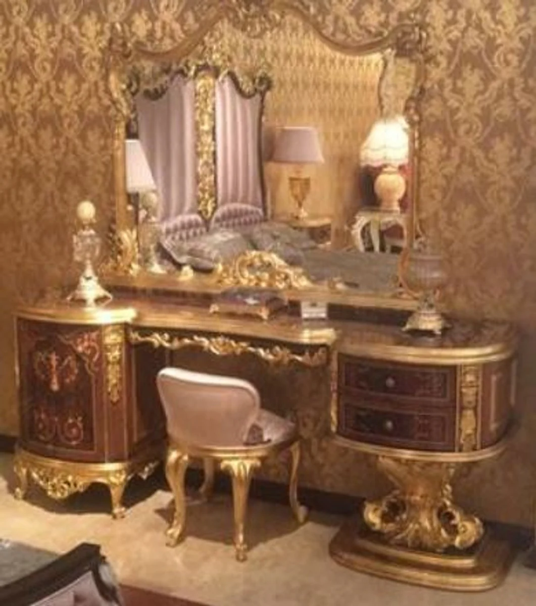 Luxus Barock Schlafzimmer Set Braun / Rosa / Antik Gold - 1 Schminktisch & 1 Spiegel & 1 Hocker - Prunkvolle Schlafzimmer Möbel im Barockstil - Luxus Qualität