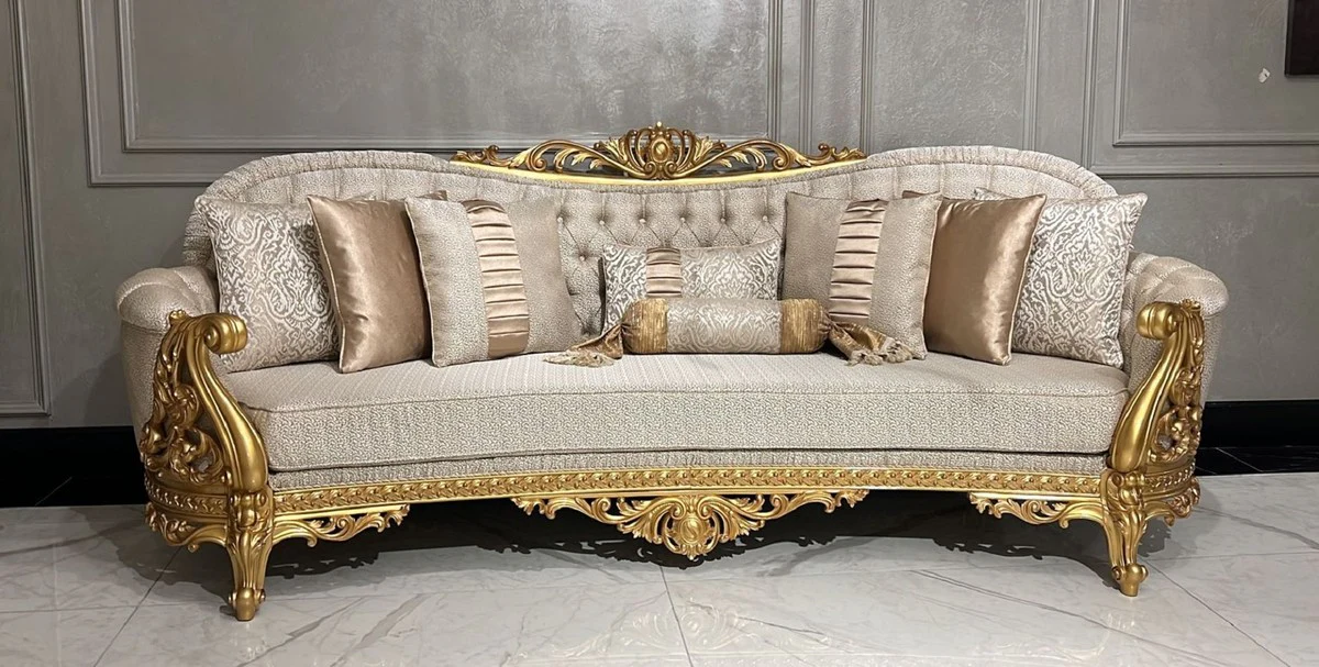 Luxus Barock Wohnzimmer Sofa Gold Muster / Gold - Prunkvolles Barockstil Sofa - Luxus Wohnzimmer Möbel im Barockstil - Barock Möbel - Edel & Prunkvoll