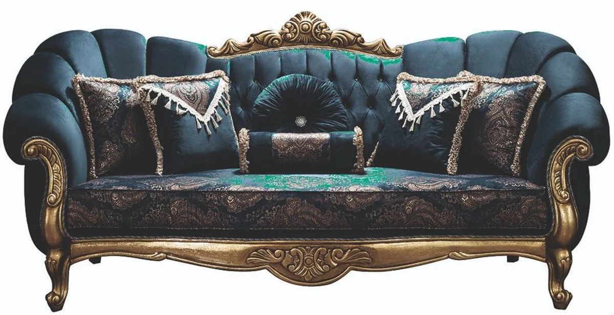 Luxus Barock Sofa Blau / Gold 220 x 90 x H. 110 cm - Prunkvolles Wohnzimmer Sofa mit Glitzersteinen und dekorativen Kissen