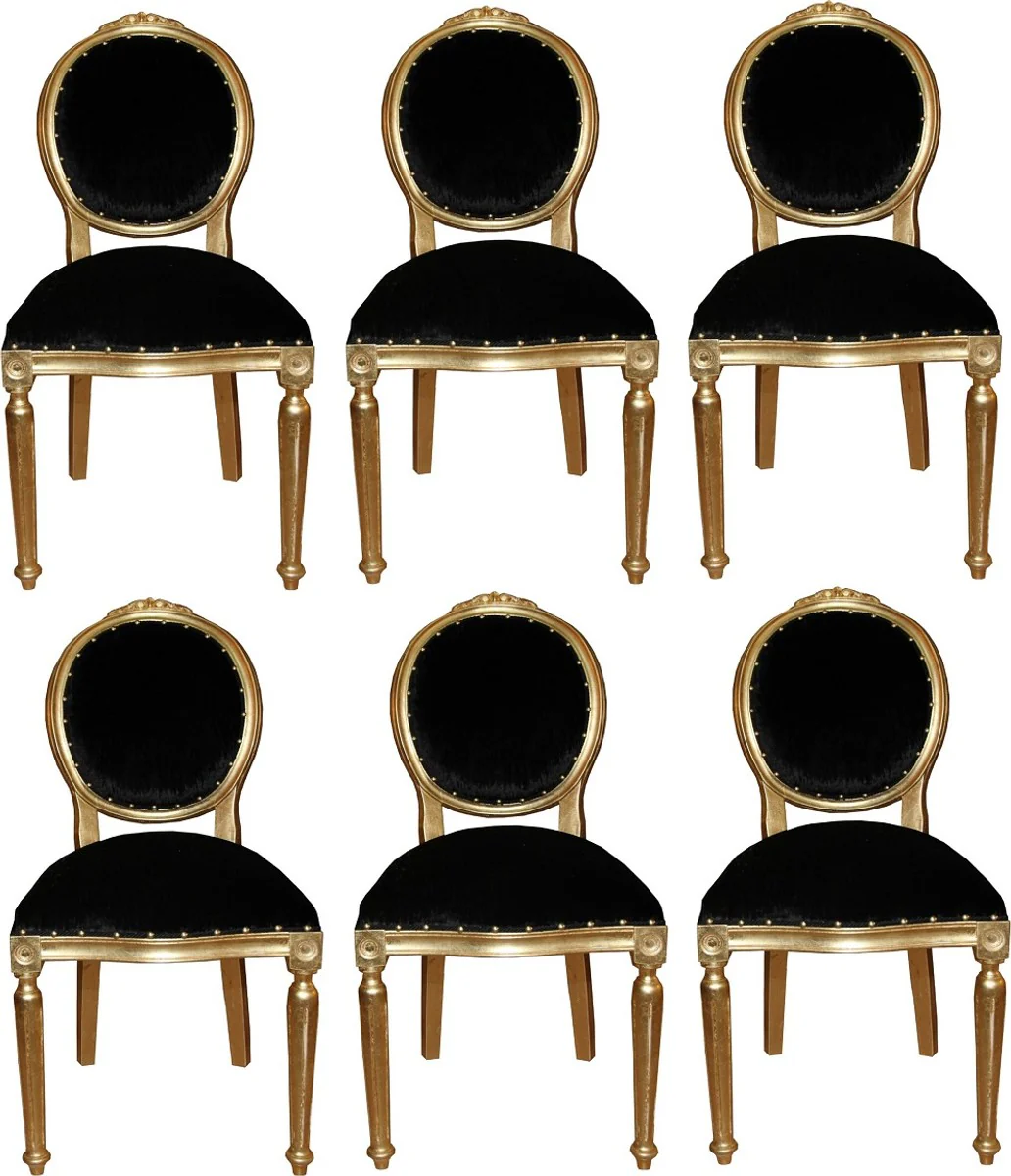 Luxus Barock Esszimmer Set Medaillon Schwarz / Gold 50 x 52 x H. 99 cm - 6 handgefertigte Esszimmerstühle - Barock Esszimmermöbel
