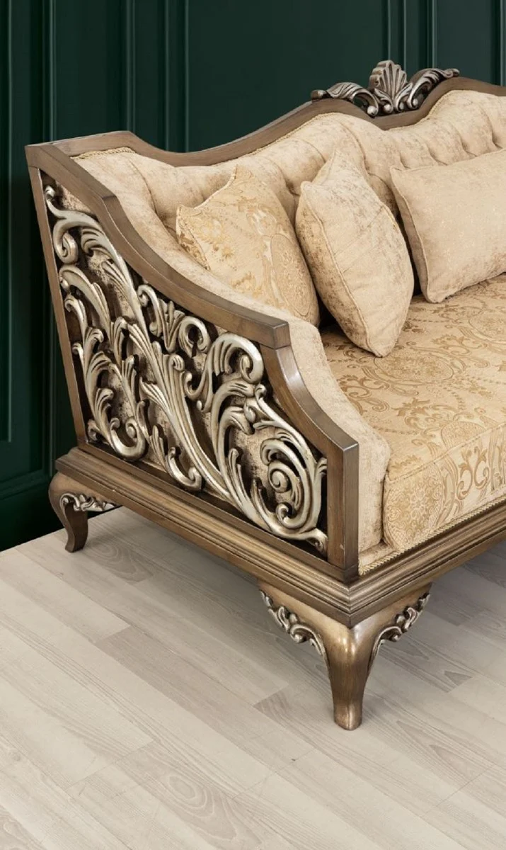 Luxus Barock Sofa Beige / Gold / Braun / Silber - Wohnzimmer Sofa im Barockstil - Barock Wohnzimmer Möbel - Edel & Prunkvoll