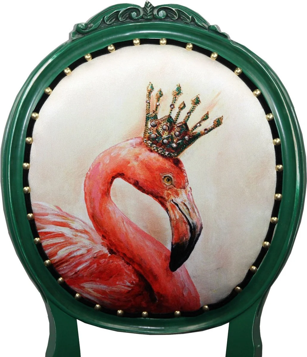 Luxus Barock Esszimmer Set Flamingo mit Krone Grün / Schwarz / Mehrfarbig 48 x 50 x H. 98 cm - 6 handgefertigte Esszimmerstühle mit Bling Bling Glitzersteinen - Barock Esszimmermöbel