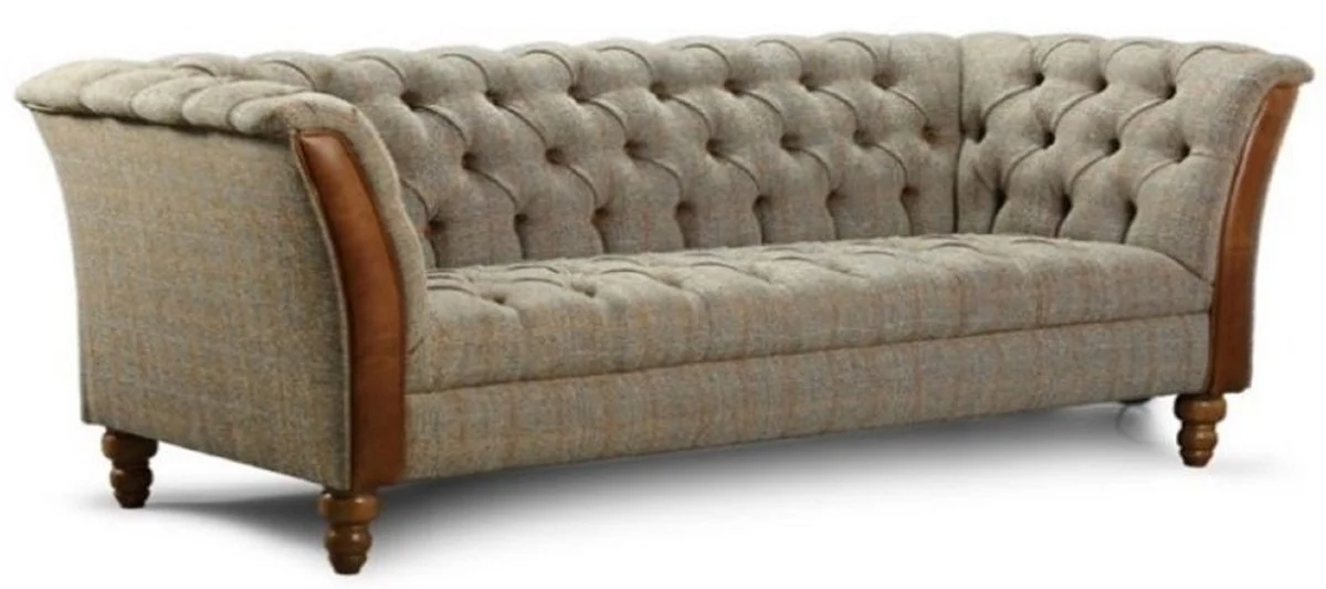 Luxus Chesterfield 4er Sofa Grau / Braun 260 x 87 x H. 77 cm - Wohnzimmer Sofa mit Echtleder - Chesterfield Wohnzimmer Möbel