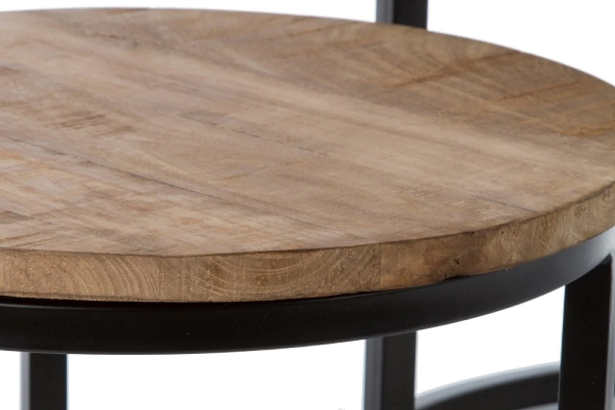 Luxus Couchtisch 3er Set Naturfarben / Schwarz Ø 78 x H. 48 cm - Runde Wohnzimmertische mit halbrundem Metall Untergestell