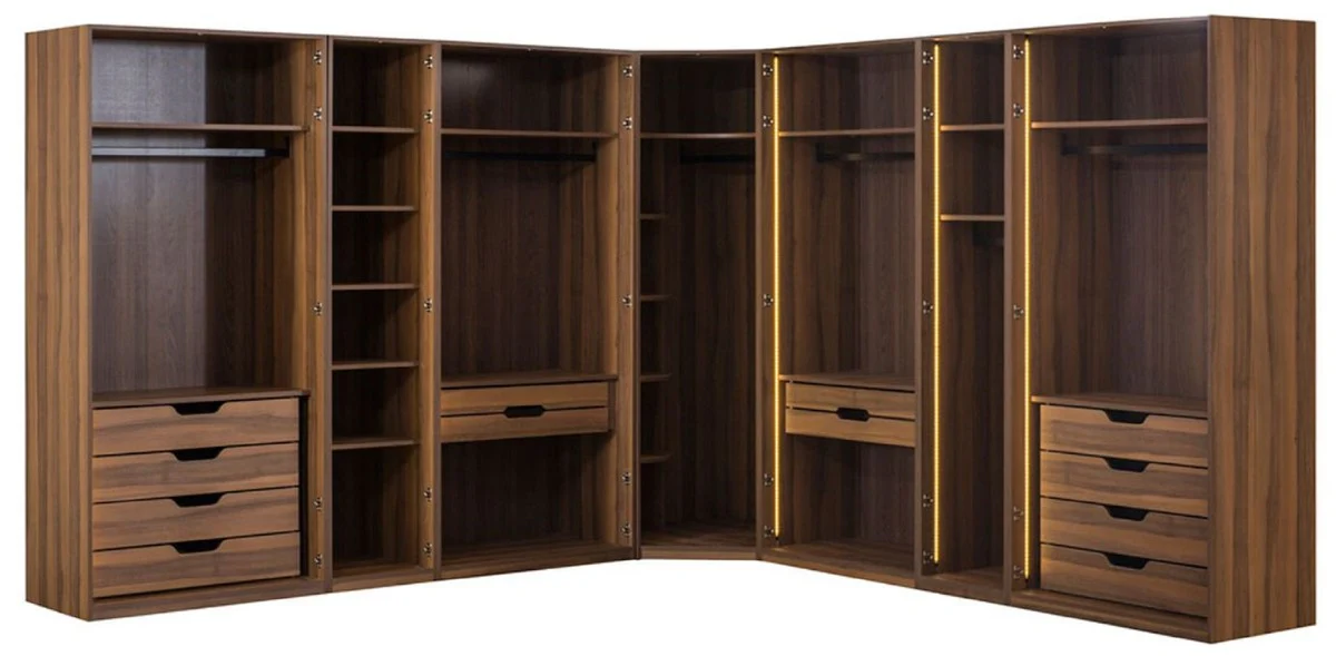 Luxus Eck Kleiderschrank Braun / Schwarz 345 x 345 x H. 220 cm - Massivholz Schlafzimmerschrank mit 11 Glastüren und LED Beleuchtung - Schlafzimmer Möbel - Hotel Möbel - Luxus Möbel