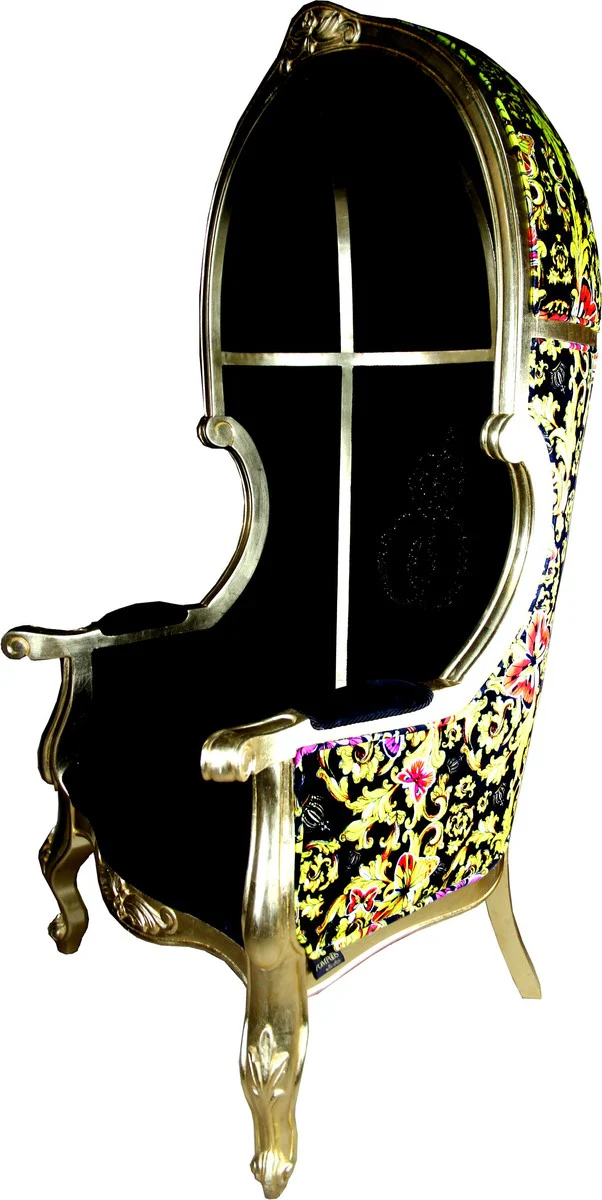 Pompöös by Luxus Ballon Barock Sessel Schwarz / Gold / Butterfly & Flower Design mit glitzernder Krone - Pompööser Barock Sessel designed by Harald Glööckler