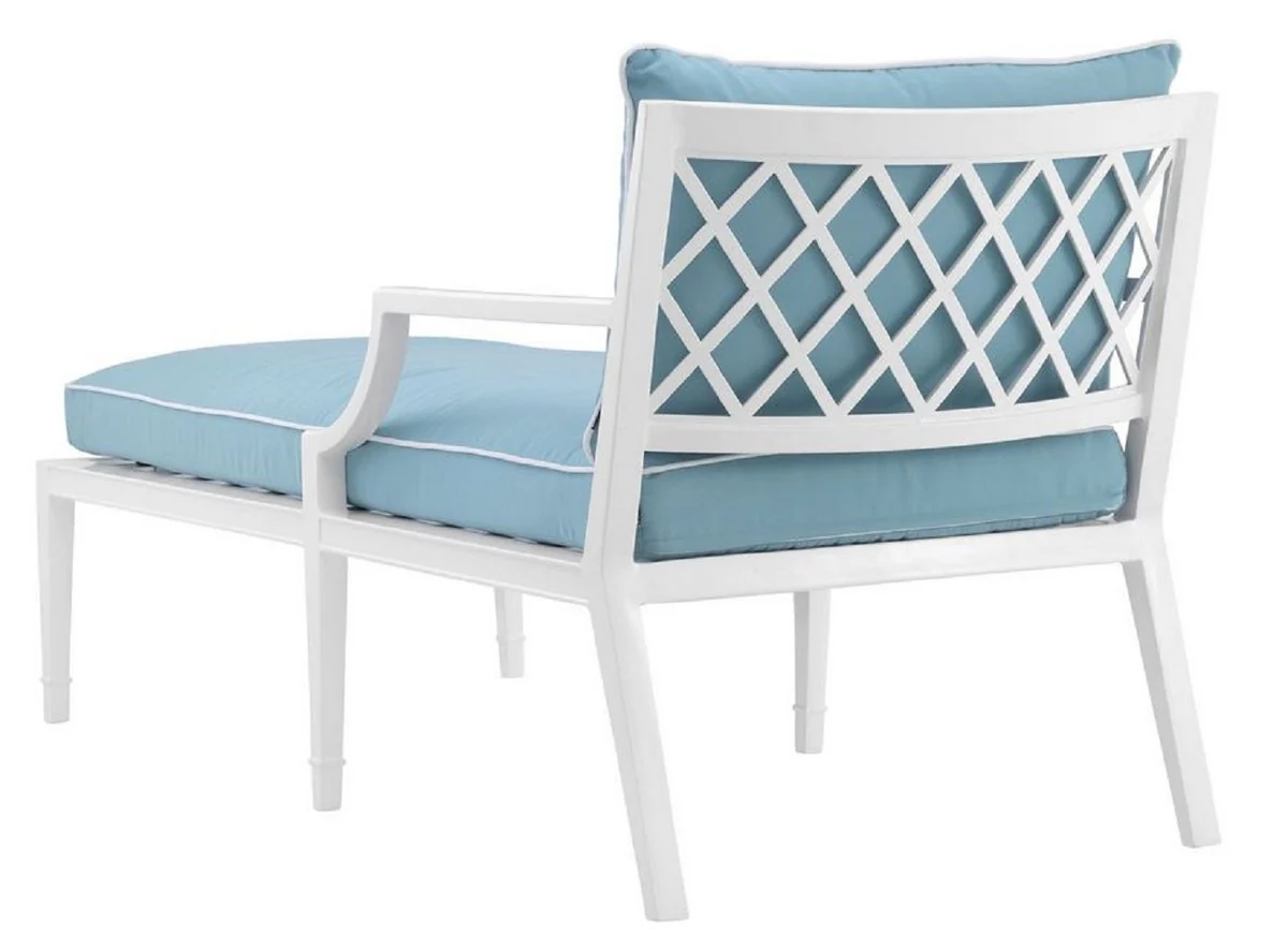 Luxus Chaiselongue Weiß / Hellblau 68,5 x 157 x H. 79 cm - Liegesessel aus hochwertigen strapazierbarem Aluminium - Wohnzimmermöbel - Gartenmöbel - Gastronomie Möbel